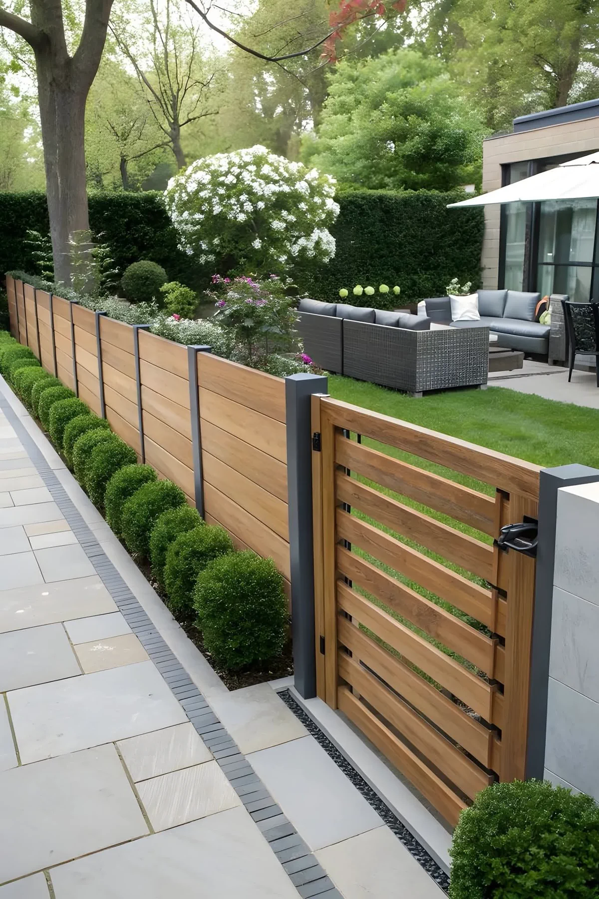 Terrasse mit Sichtschutzzaun und Bepflanzung (Beispielbild)
