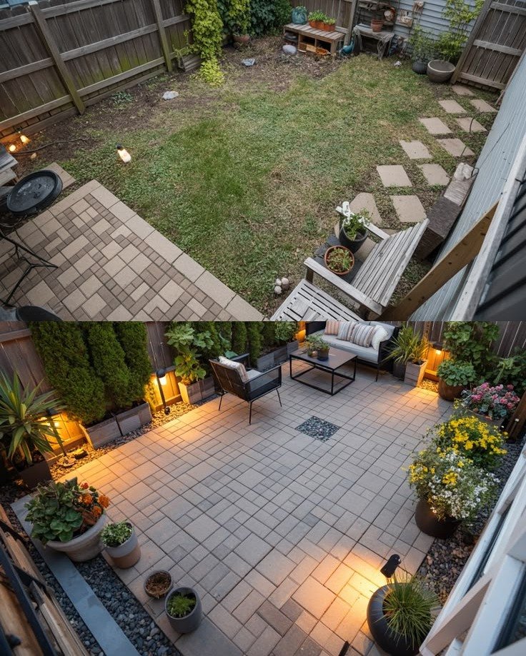 Beispielhafte Verwandlung eines Gartenhofs mit Pflasterfläche (Beispieldarstellung)
